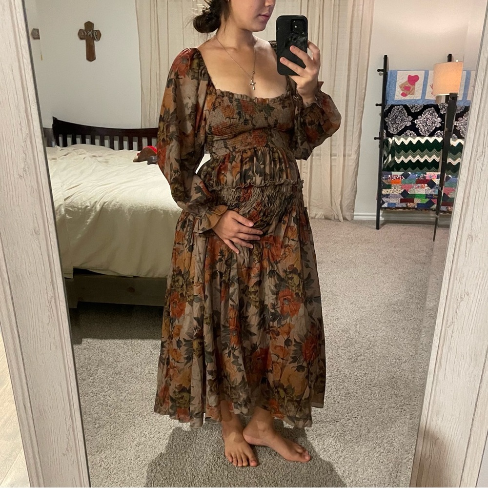 Promesa Floral Long Sleeve Dress - Brown and Orange